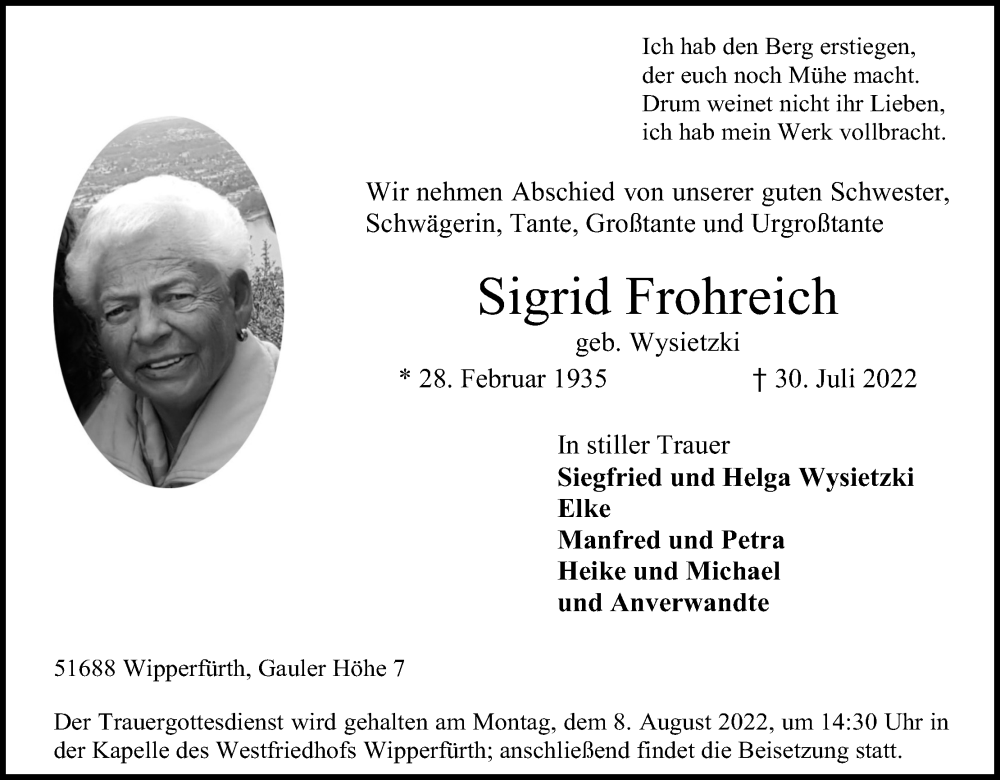  Traueranzeige für Sigrid Frohreich vom 03.08.2022 aus Kölner Stadt-Anzeiger / Kölnische Rundschau / Express