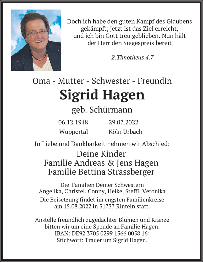  Traueranzeige für Sigrid Hagen vom 04.08.2022 aus Kölner Stadt-Anzeiger / Kölnische Rundschau / Express
