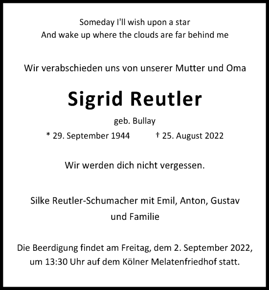 Anzeige von Sigrid Reutler von Kölner Stadt-Anzeiger / Kölnische Rundschau / Express