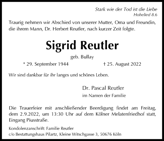 Anzeige von Sigrid Reutler von Kölner Stadt-Anzeiger / Kölnische Rundschau / Express