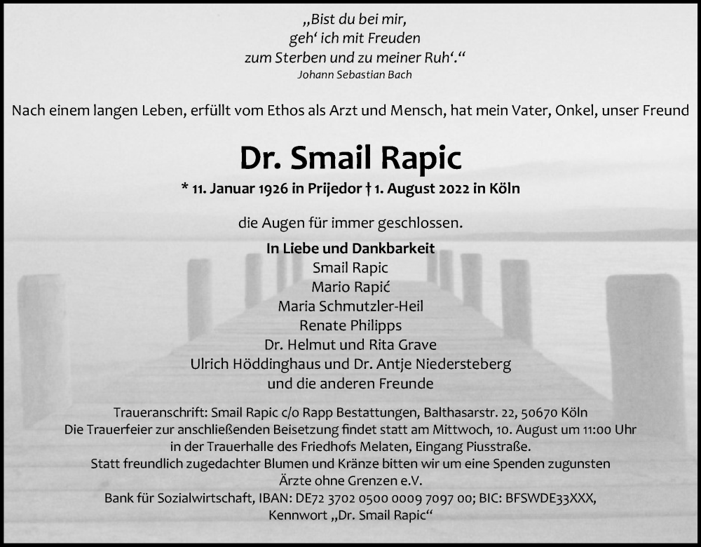  Traueranzeige für Smail Rapic vom 06.08.2022 aus Kölner Stadt-Anzeiger / Kölnische Rundschau / Express
