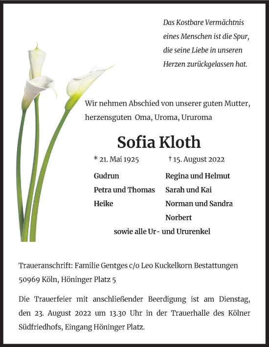 Anzeige von Sofia Kloth von Kölner Stadt-Anzeiger / Kölnische Rundschau / Express