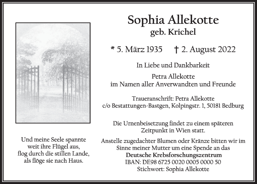  Traueranzeige für Sophia Allekotte vom 12.08.2022 aus  Werbepost 