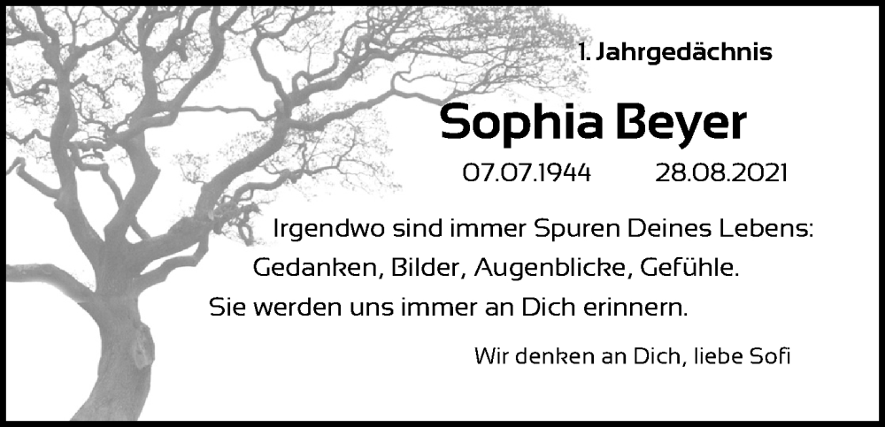 Traueranzeige für Sophia Beyer vom 27.08.2022 aus Kölner Stadt-Anzeiger / Kölnische Rundschau / Express