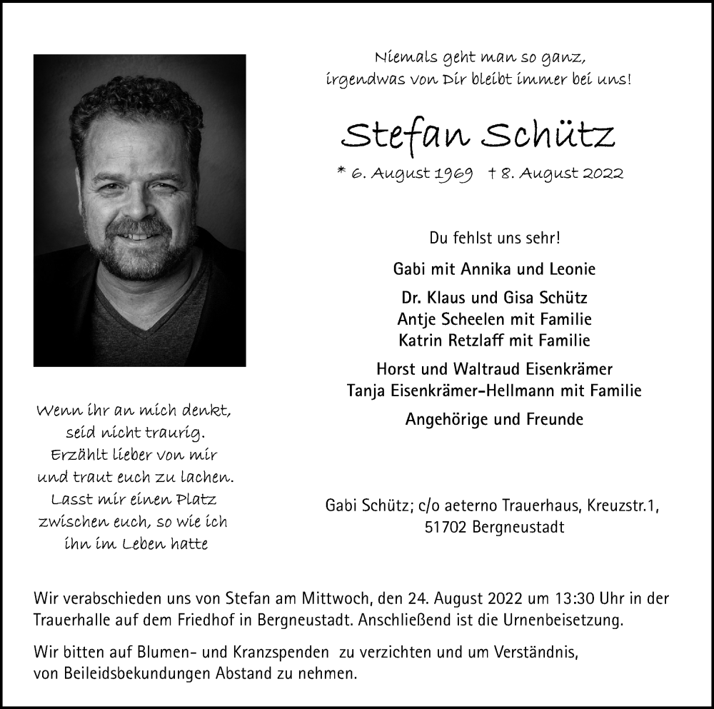  Traueranzeige für Stefan Schütz vom 20.08.2022 aus Kölner Stadt-Anzeiger / Kölnische Rundschau / Express