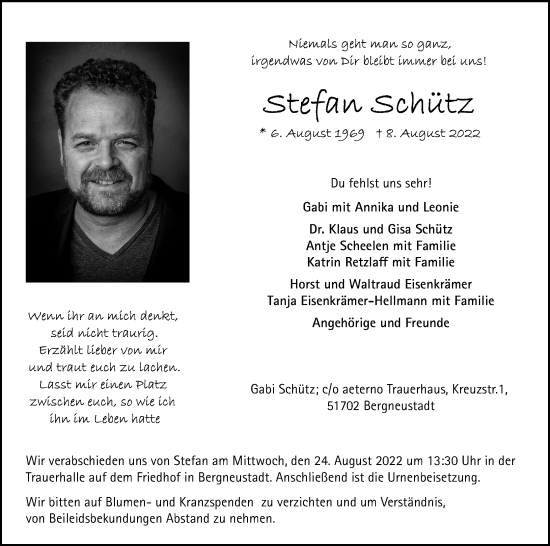Anzeige von Stefan Schütz von Kölner Stadt-Anzeiger / Kölnische Rundschau / Express