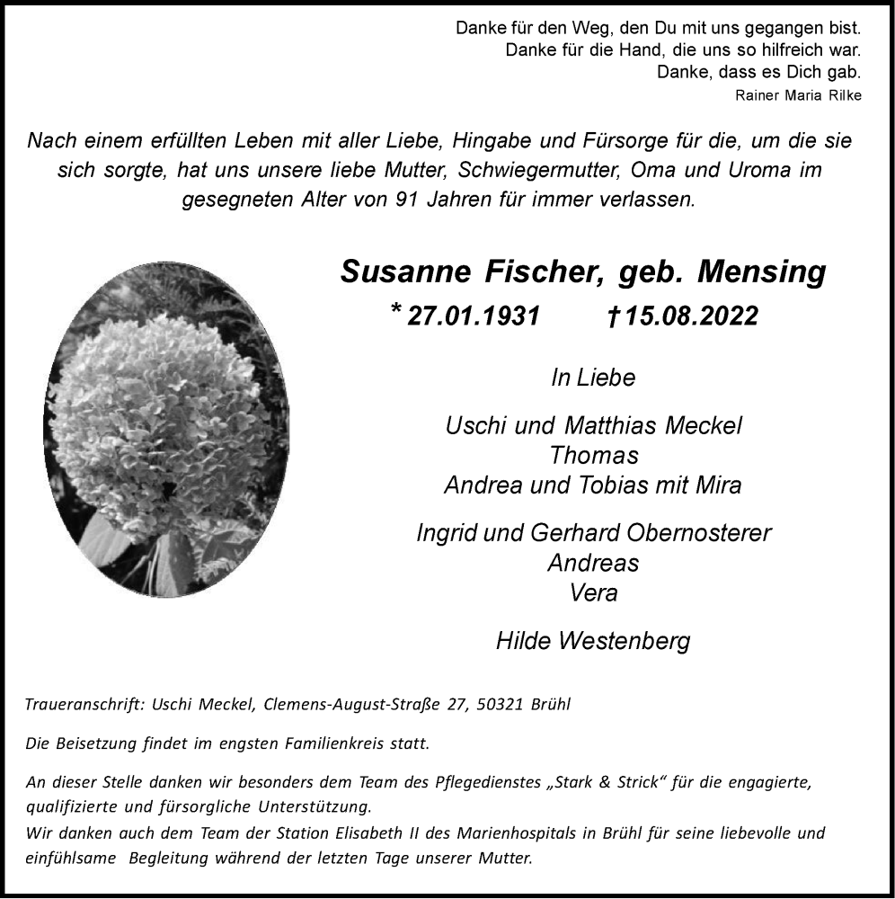  Traueranzeige für Susanne Fischer vom 26.08.2022 aus  Schlossbote/Werbekurier 