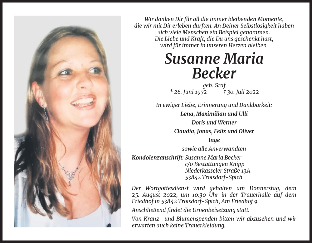  Traueranzeige für Susanne Maria Becker vom 12.08.2022 aus Kölner Stadt-Anzeiger / Kölnische Rundschau / Express