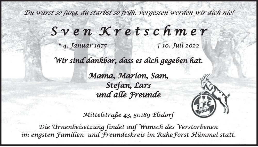  Traueranzeige für Sven Kretschmer vom 05.08.2022 aus  Werbepost 