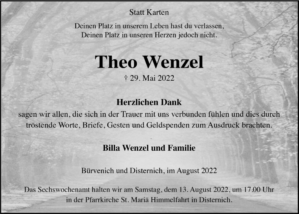  Traueranzeige für Theo Wenzel vom 06.08.2022 aus  Blickpunkt Euskirchen 