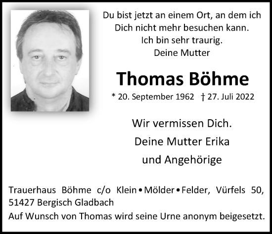 Anzeige von Thomas Böhme von Kölner Stadt-Anzeiger / Kölnische Rundschau / Express