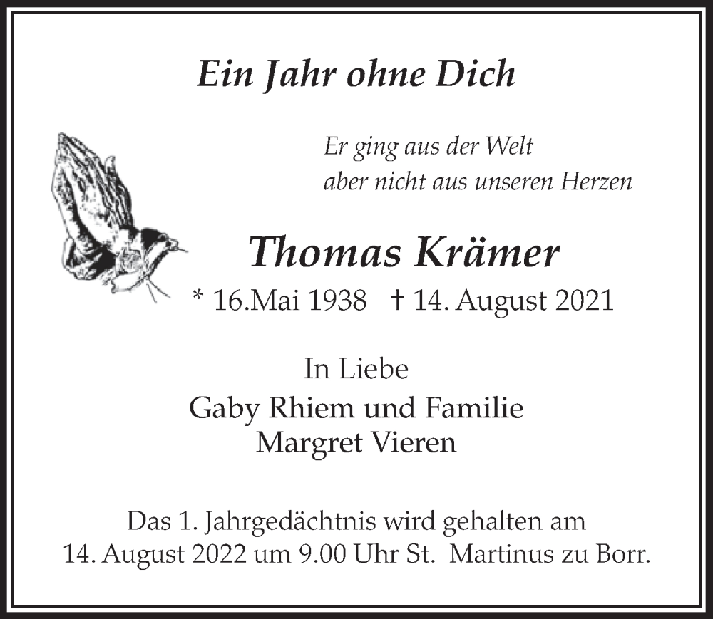  Traueranzeige für Thomas Krämer vom 05.08.2022 aus  Werbepost 