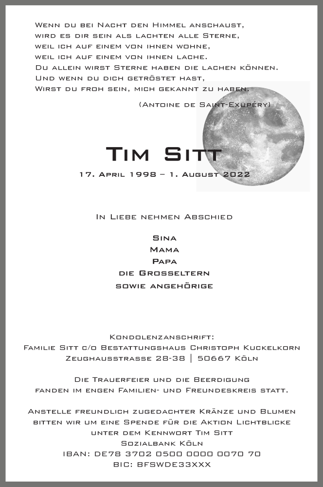  Traueranzeige für Tim Sitt vom 19.08.2022 aus  Werbepost 