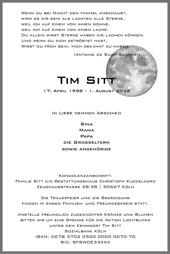 Traueranzeige für Tim Sitt vom 13.08.2022 aus Kölner Stadt-Anzeiger / Kölnische Rundschau / Express