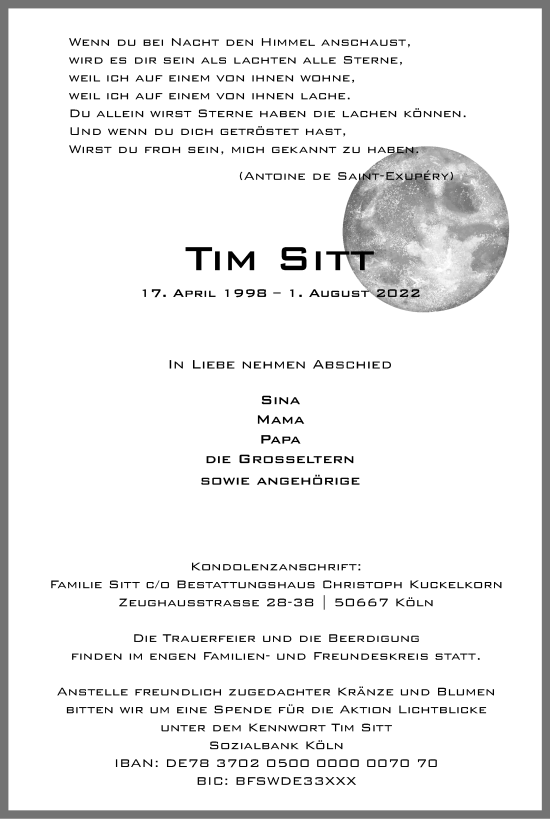 Anzeige von Tim Sitt von Kölner Stadt-Anzeiger / Kölnische Rundschau / Express