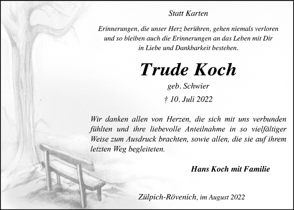  Traueranzeige für Trude Koch vom 27.08.2022 aus  Blickpunkt Euskirchen 