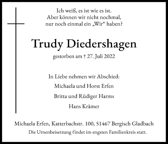 Anzeige von Trudy Diedershagen von Kölner Stadt-Anzeiger / Kölnische Rundschau / Express