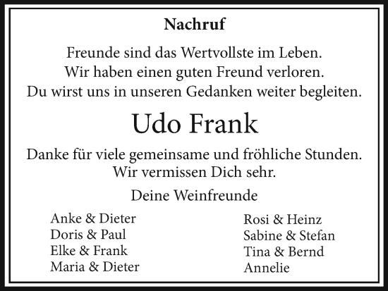 Anzeige von Udo Frank von Kölner Stadt-Anzeiger / Kölnische Rundschau / Express