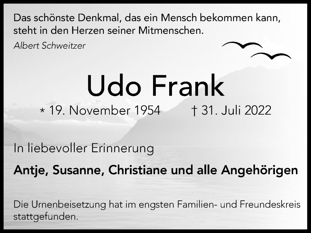  Traueranzeige für Udo Frank vom 20.08.2022 aus Kölner Stadt-Anzeiger / Kölnische Rundschau / Express