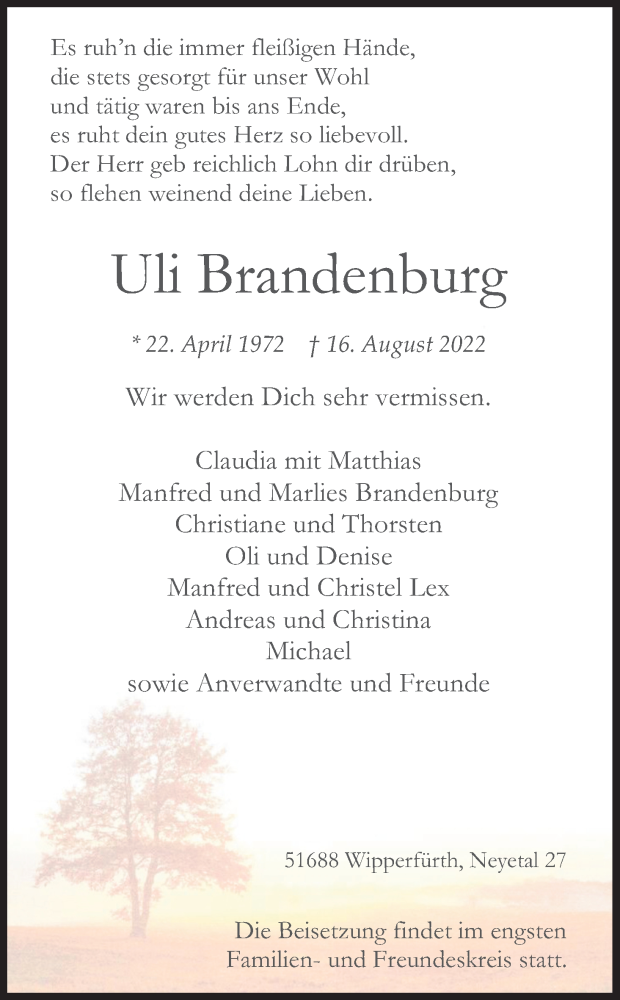  Traueranzeige für Uli Brandenburg vom 20.08.2022 aus Kölner Stadt-Anzeiger / Kölnische Rundschau / Express