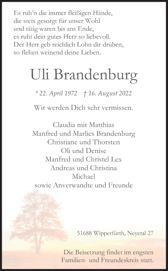Anzeige von Uli Brandenburg von Kölner Stadt-Anzeiger / Kölnische Rundschau / Express
