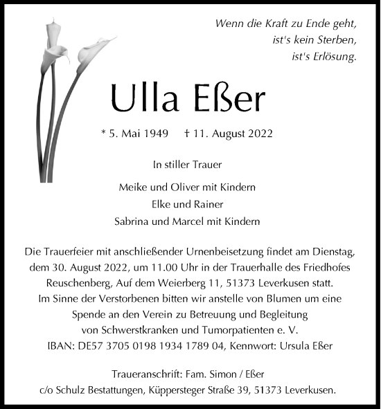 Anzeige von Ulla Eßer von Kölner Stadt-Anzeiger / Kölnische Rundschau / Express