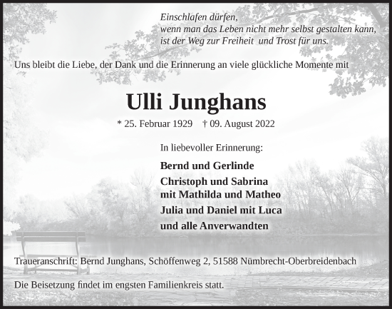Anzeige von Ulli Junghans von  Lokalanzeiger 