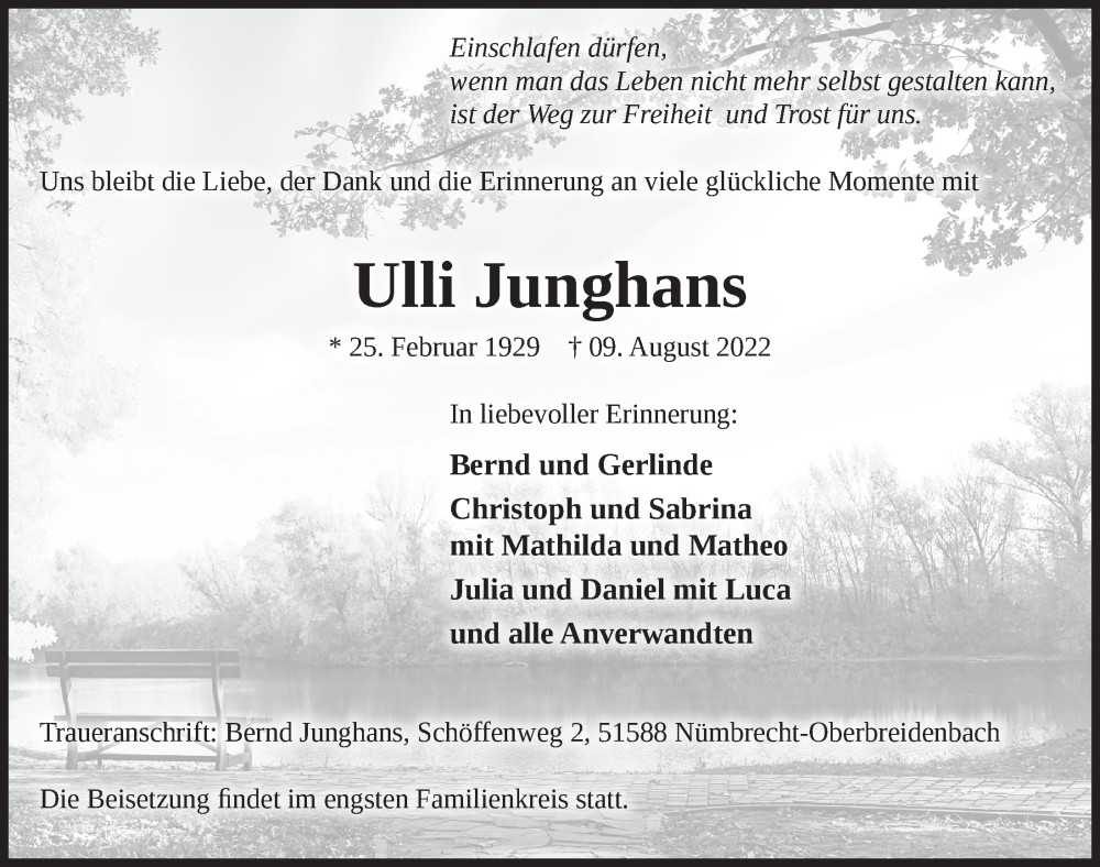  Traueranzeige für Ulli Junghans vom 12.08.2022 aus  Lokalanzeiger 