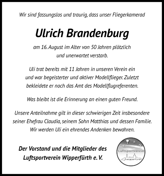 Anzeige von Ulrich Brandenburg von Kölner Stadt-Anzeiger / Kölnische Rundschau / Express