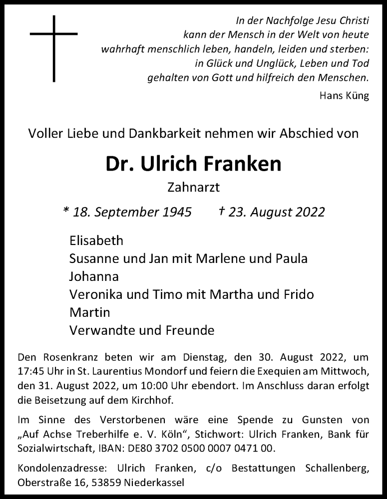  Traueranzeige für Ulrich Franken vom 27.08.2022 aus Kölner Stadt-Anzeiger / Kölnische Rundschau / Express