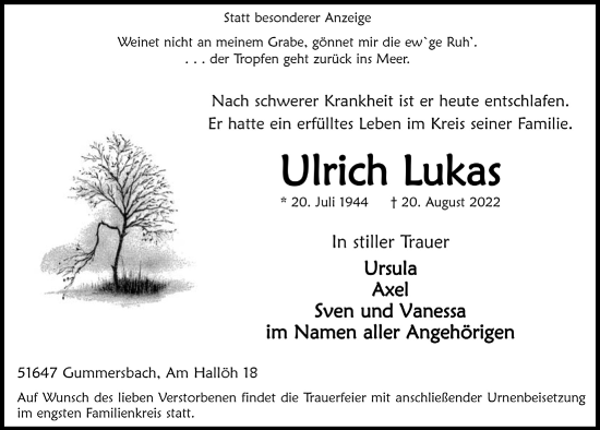 Anzeige von Ulrich Lukas von  Anzeigen Echo 