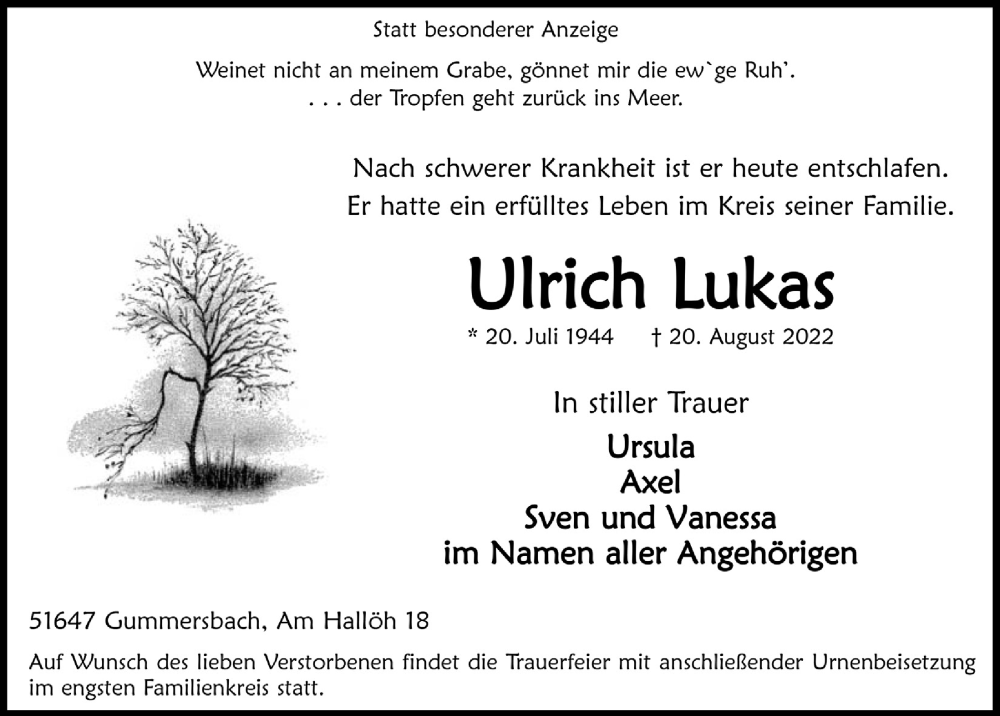  Traueranzeige für Ulrich Lukas vom 26.08.2022 aus  Anzeigen Echo 