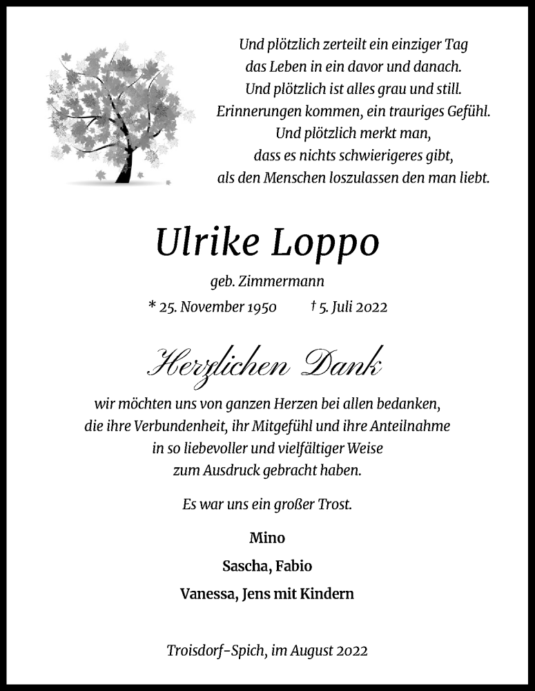  Traueranzeige für Ulrike Loppo vom 27.08.2022 aus Kölner Stadt-Anzeiger / Kölnische Rundschau / Express