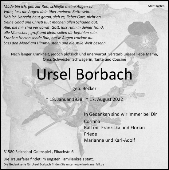Anzeige von Ursel Borbach von  Lokalanzeiger 