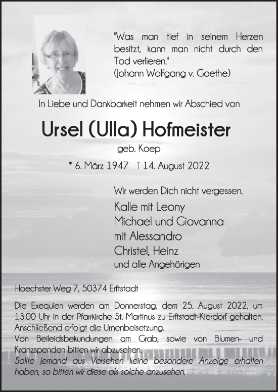 Anzeige von Ursel Hofmeister von  Werbepost 