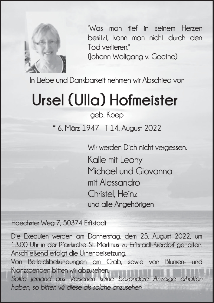  Traueranzeige für Ursel Hofmeister vom 19.08.2022 aus  Werbepost 