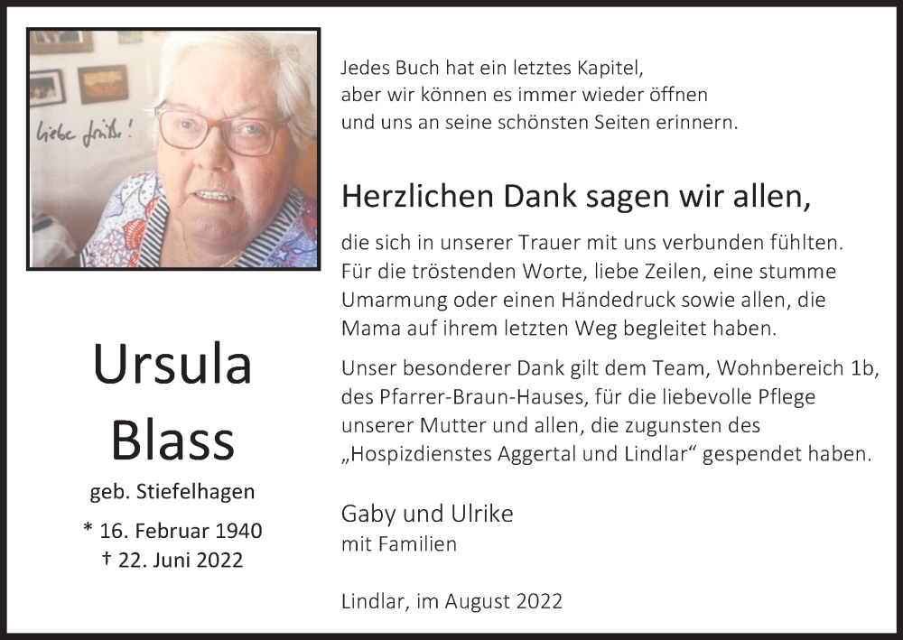  Traueranzeige für Ursula Blass vom 06.08.2022 aus Kölner Stadt-Anzeiger / Kölnische Rundschau / Express
