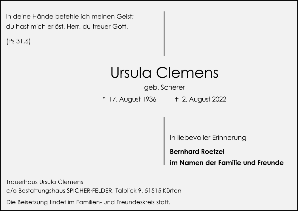  Traueranzeige für Ursula Clemens vom 13.08.2022 aus Kölner Stadt-Anzeiger / Kölnische Rundschau / Express