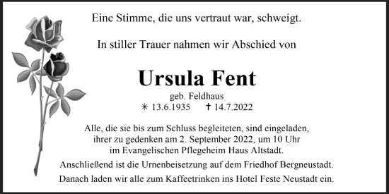 Anzeige von Ursula Fent von  Anzeigen Echo 