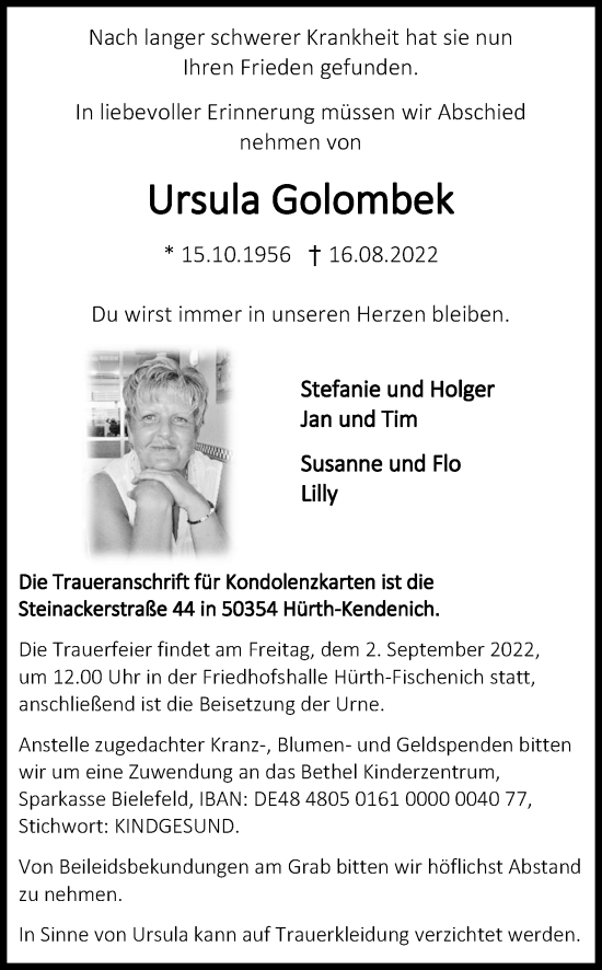 Anzeige von Ursula Golombek von Kölner Stadt-Anzeiger / Kölnische Rundschau / Express