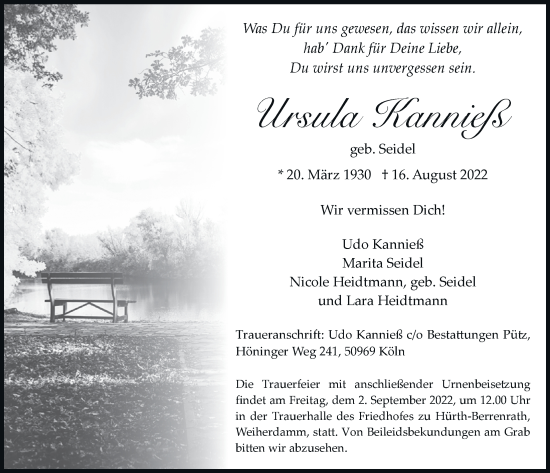 Anzeige von Ursula Kannieß von  Wochenende 