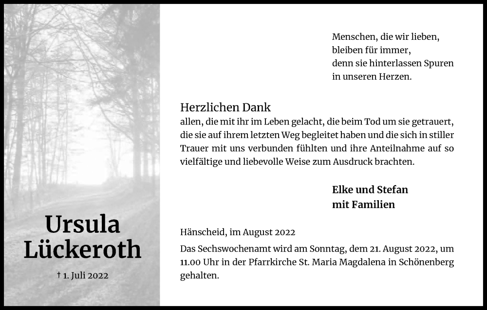  Traueranzeige für Ursula Lückeroth vom 06.08.2022 aus Kölner Stadt-Anzeiger / Kölnische Rundschau / Express