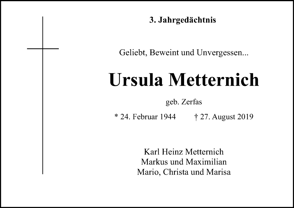  Traueranzeige für Ursula Metternich vom 27.08.2022 aus Kölner Stadt-Anzeiger / Kölnische Rundschau / Express