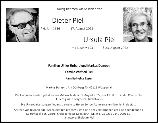 Anzeige von Ursula Piel von Kölner Stadt-Anzeiger / Kölnische Rundschau / Express