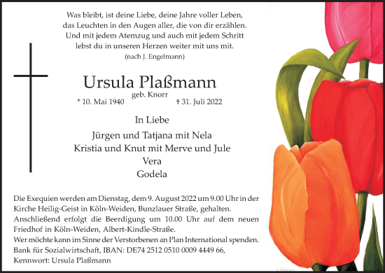 Anzeige von Ursula Plaßmann von Kölner Stadt-Anzeiger / Kölnische Rundschau / Express