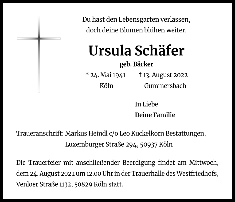  Traueranzeige für Ursula Schäfer vom 20.08.2022 aus Kölner Stadt-Anzeiger / Kölnische Rundschau / Express