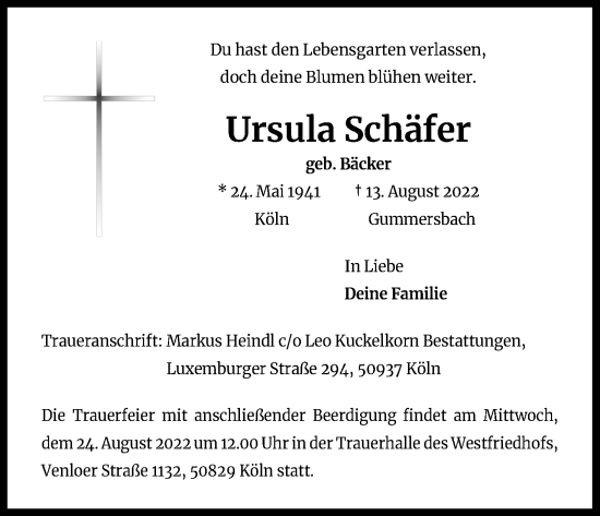 Anzeige von Ursula Schäfer von Kölner Stadt-Anzeiger / Kölnische Rundschau / Express