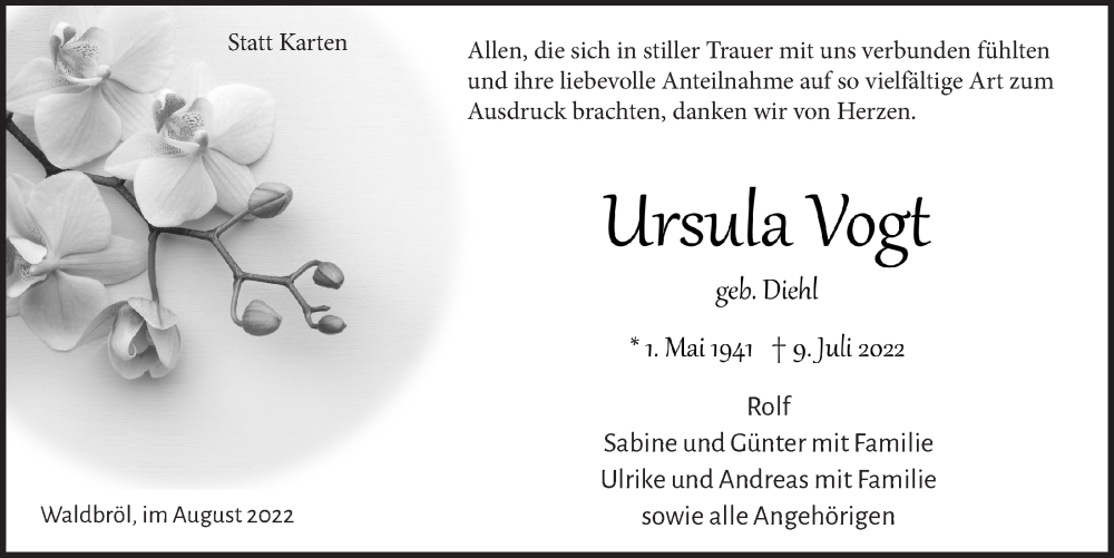  Traueranzeige für Ursula Vogt vom 19.08.2022 aus  Lokalanzeiger 