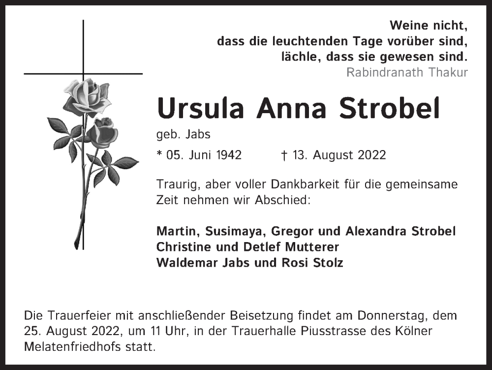 Traueranzeige für Ursula Anna Strobel vom 20.08.2022 aus Kölner Stadt-Anzeiger / Kölnische Rundschau / Express