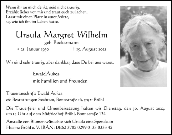 Anzeige von Ursula Margret Wilhelm von  Schlossbote/Werbekurier 